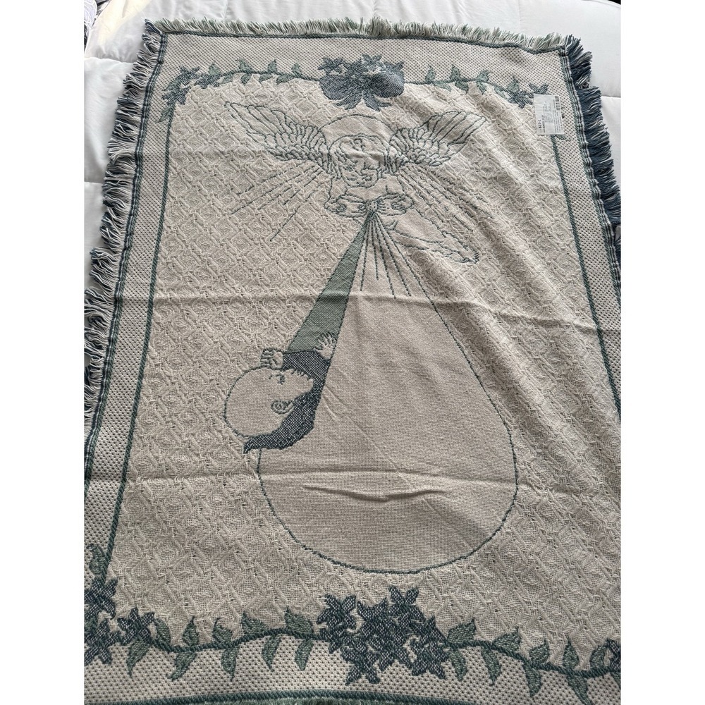 Pure Country Green/cream Angel Baby Blanket With Fringe Made In USA